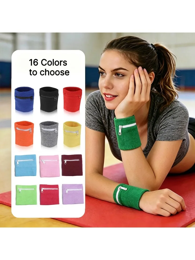 AliExpress NONE 1Pc Sports Wristband Cotton with Zipper Pocket Running Cycling Hiking Outdoor Coin Key Storage Sweatband Sports Wrist 16 Color