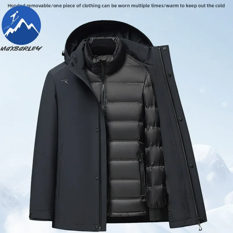 Maxbarley Winter Warm Down Jacket Men Fashion Luxury Detachable White Duck Down Liner Parka Outdoor Ski Lightweight Hooded Coat