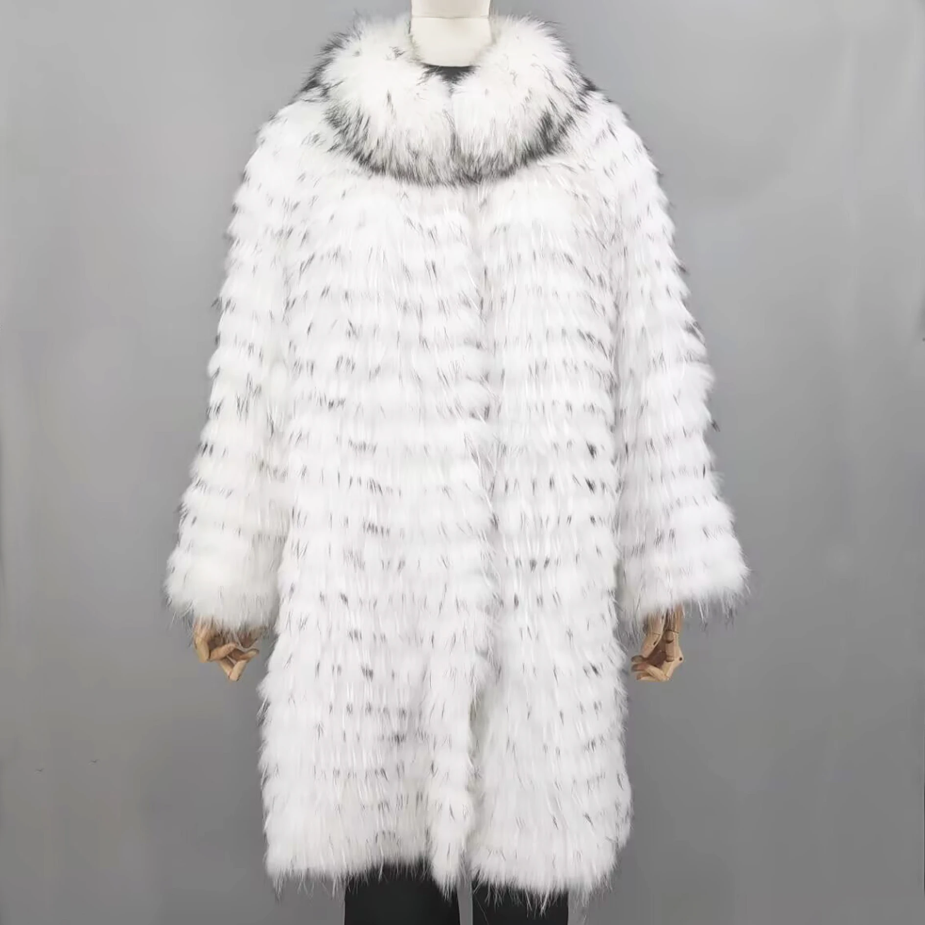 Women's Striped Real Silver Fox Fur Coat, Long Cardigen with Wool Lining, Big Size Clothes, Elegant Outwear, Spring, Lux18A09164