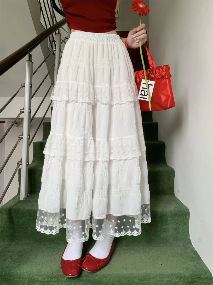 

Белые кружевные длинные юбки женские милые модные элегантные летние каникулы в корейском стиле милые повседневные простые милые универсальные Mujer Faldas
