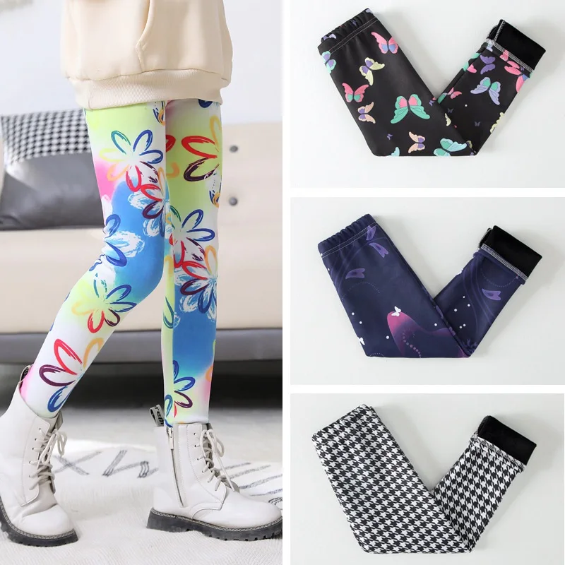 Pantaloni per ragazze autunno inverno pantaloni per bambini Leggings caldi addensare velluto stampa floreale pantaloni per bambini neonata tenere in