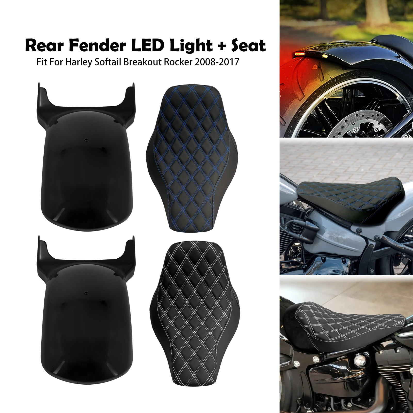 Motorcycle Rear Fender With LED Light + Solo Seat Driver Cushion Mudguard Cover For Harley Softail Breakout Rocker 2008-2017