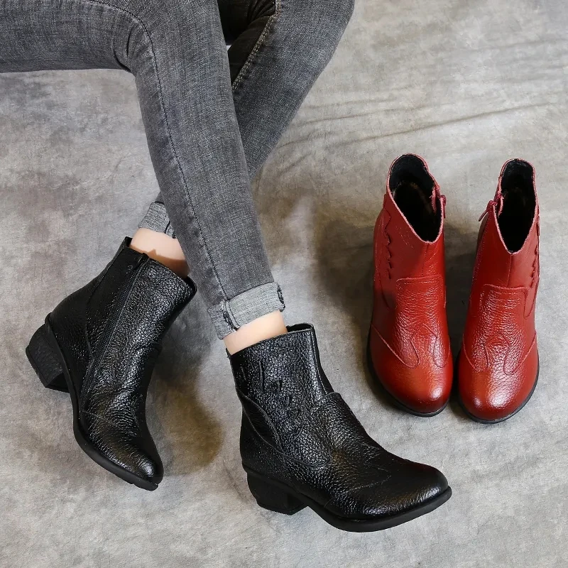 Genuine Leather Boots Woman Winter 2022 Round Toe Ankle Boot Female Low Heel Shoe Woman Short Booties Black Red