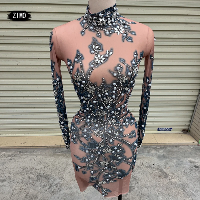 

women crystal rhinestones dress long sleeve mesh sexy singer stage outfits evening party birthday festival drag queen costumes