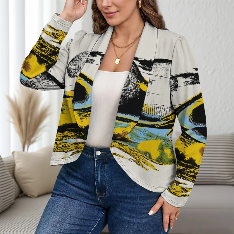 

Осенний женский пиджак с большими лацканами, стильный и повседневный свободный и удобный пиджак с пейзажным принтом, модный пиджак большого размера Lig