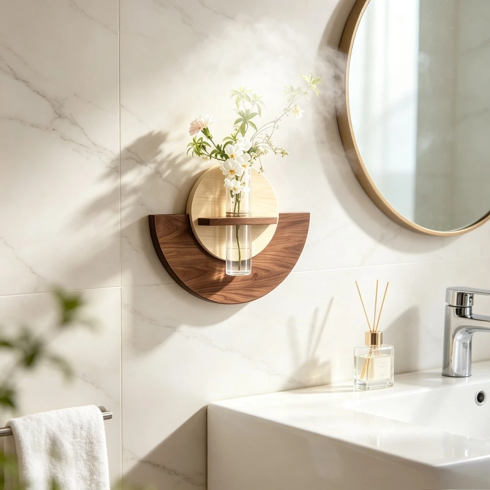 Modern Wall Hanging Vase Wood Backplate Clear Glass Hydroponic Vase Wall Mount Planter for Home Living Room Wall Decoration