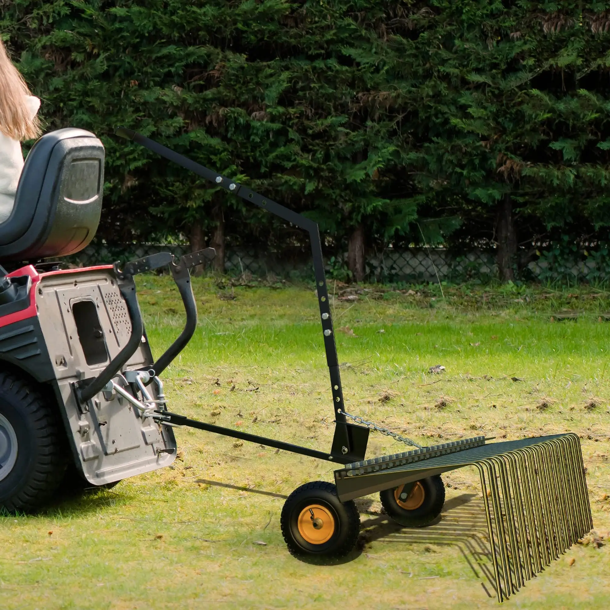 60'' Tow Behind Lawn Dethatcher,24 Durable Spring Steel Tines Lawn Dethatcher, Tow Behind Steel Pine Straw Rake Designed to Lawn and Garden Tractors