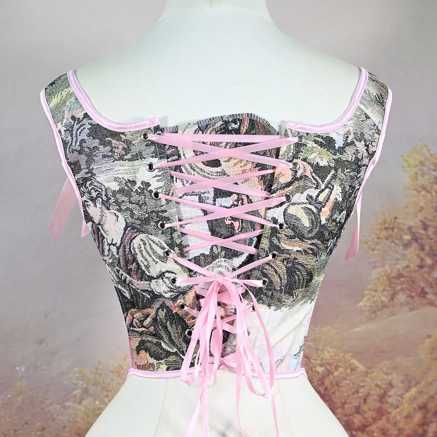 Vintage Oil Painting European Court Style Corset Bow Strap Waist Cincher Thin Body Suit for Women