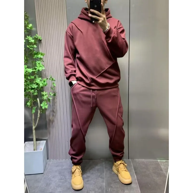 Autumn and Winter New Youth Solid Color Hooded Sweatshirt and Sweatpants Casual Men's Fashion Versatile Sweatshirt Two-piece Set