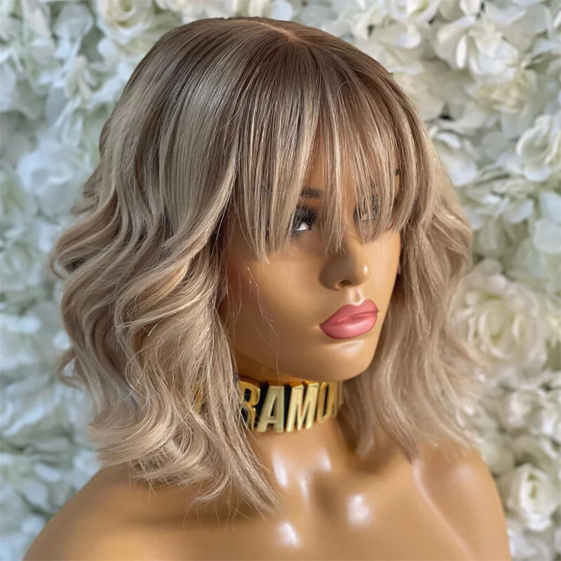 13x4x1 Lace Frontal Wig Human Hair Short Ombre Blonde Wave Wig with Bangs