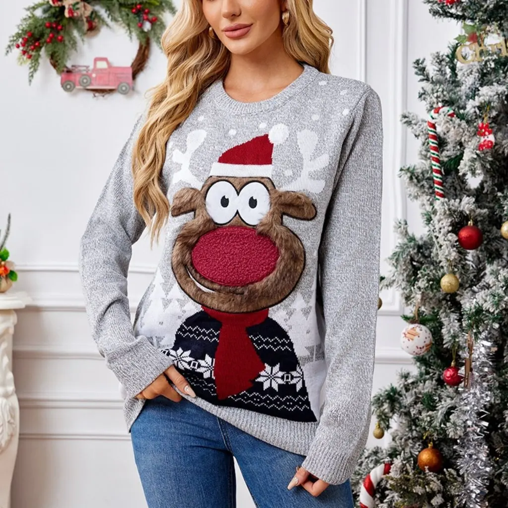 

European And American Loose Casual Knitwear Colorful Light Grey Pullover Christmas Sweater for Autumn Winter Parent-Child Style