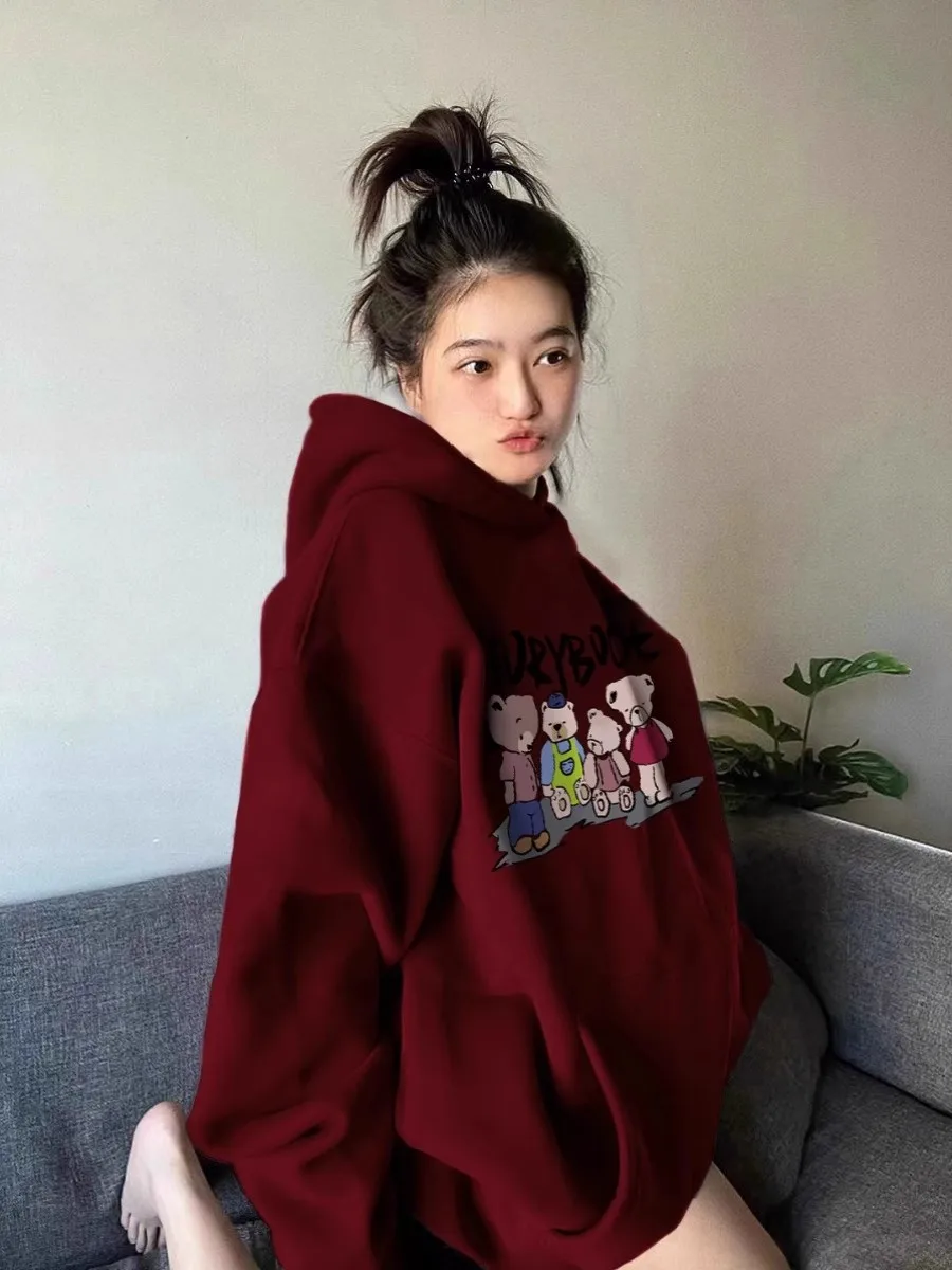 Spring and Autumn Thin Burgundy Hooded Sweatshirt Women\'s 2024 Hot Style American Retro oversize Lazy Style Jacket