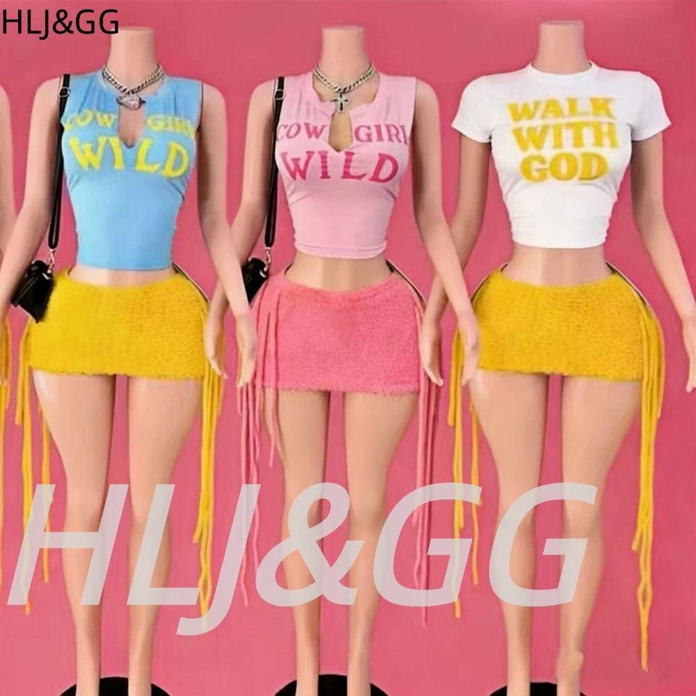 HLJ&GG Colorful Dopamine Summer New Letter Print Two Piece Sets Women U Neck Sleeveless Slim Tank Top And Mini Skirts Outfits