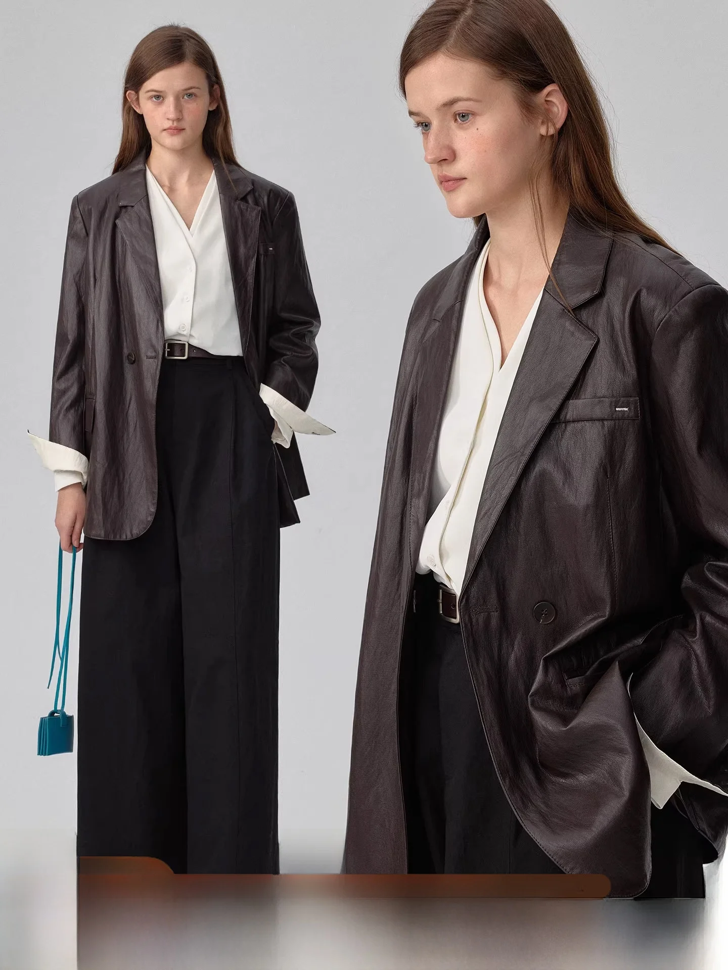 

Classic Brown Retro Wide oulder PU Leather Jaet Women's Mid-Length Classic Sle Long Sve Double-Breasted Coat