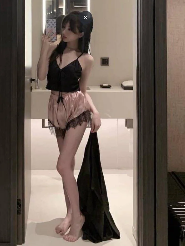 

Good Night Muse Spring Summer New Sexy Pure Desire Satin Sleepwear Three Piece Set Strap Women's Set Sexy Sleeprobe