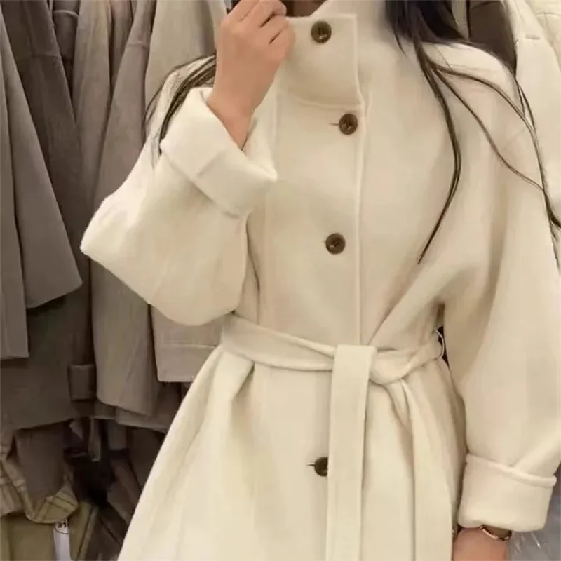 معطف شتوي نسائي طويل من الصوف Sve بحزام خصر وربطة عنق وزر واحد متعدد الاستخدامات مقاس صغير ملابس خارجية Faion #5