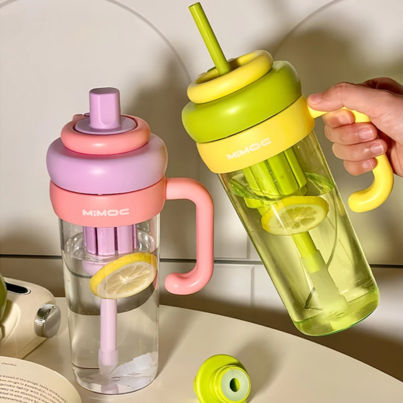 Cute Sports Water Bottle Jug Plastic Ice Coffee Juice Gym Big Drinking Bottle Cup With Straw Tea Infuser Cover Cap Handle 820ml