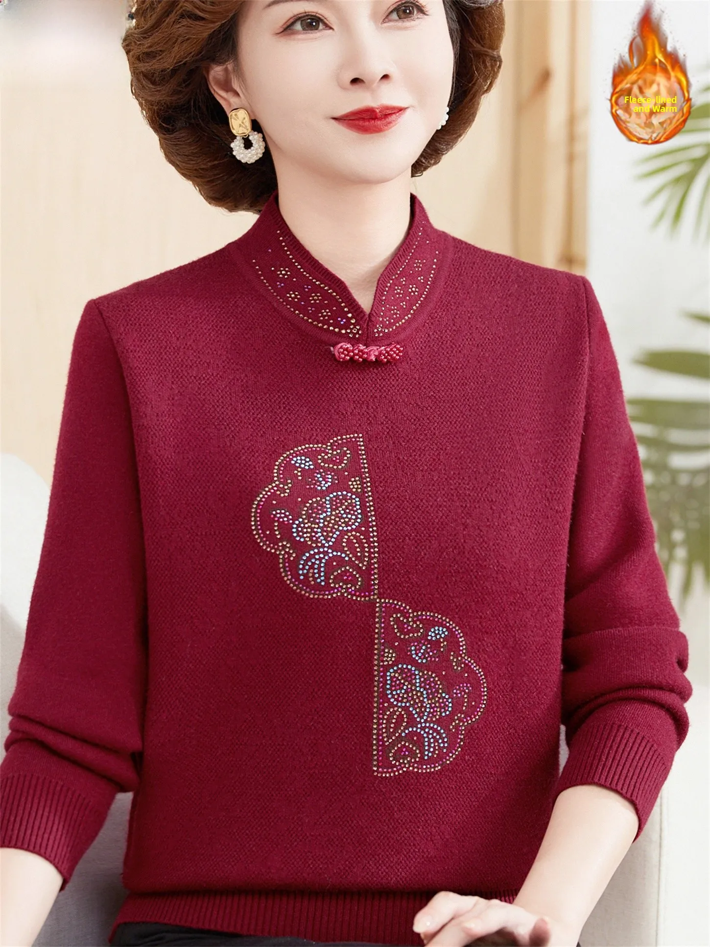 

Warm Fce Lined Knitted Sweater Stand Collar Embroidered mid Older Women Mom Sle Faionable Trendy ly Women's Top