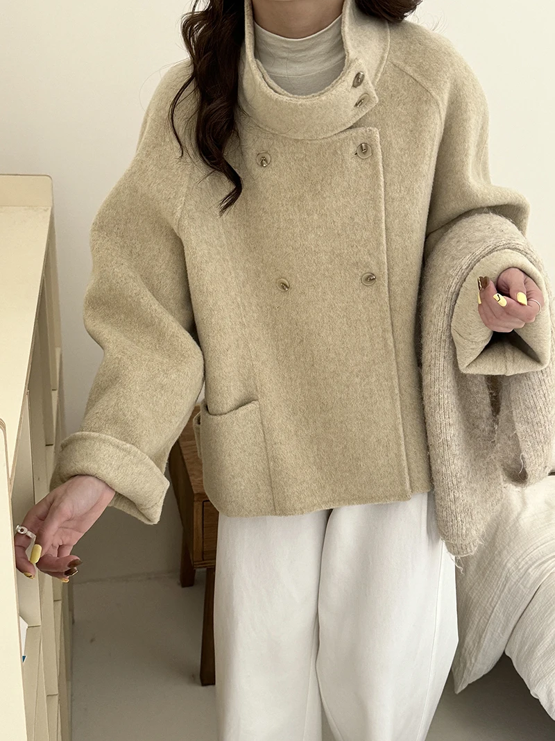 Winter Woolen Oversized Jacket Standing Collar Wide Double-sided Solid Women Wool Coat Cashmere Coat Women's Short Woolen Coat