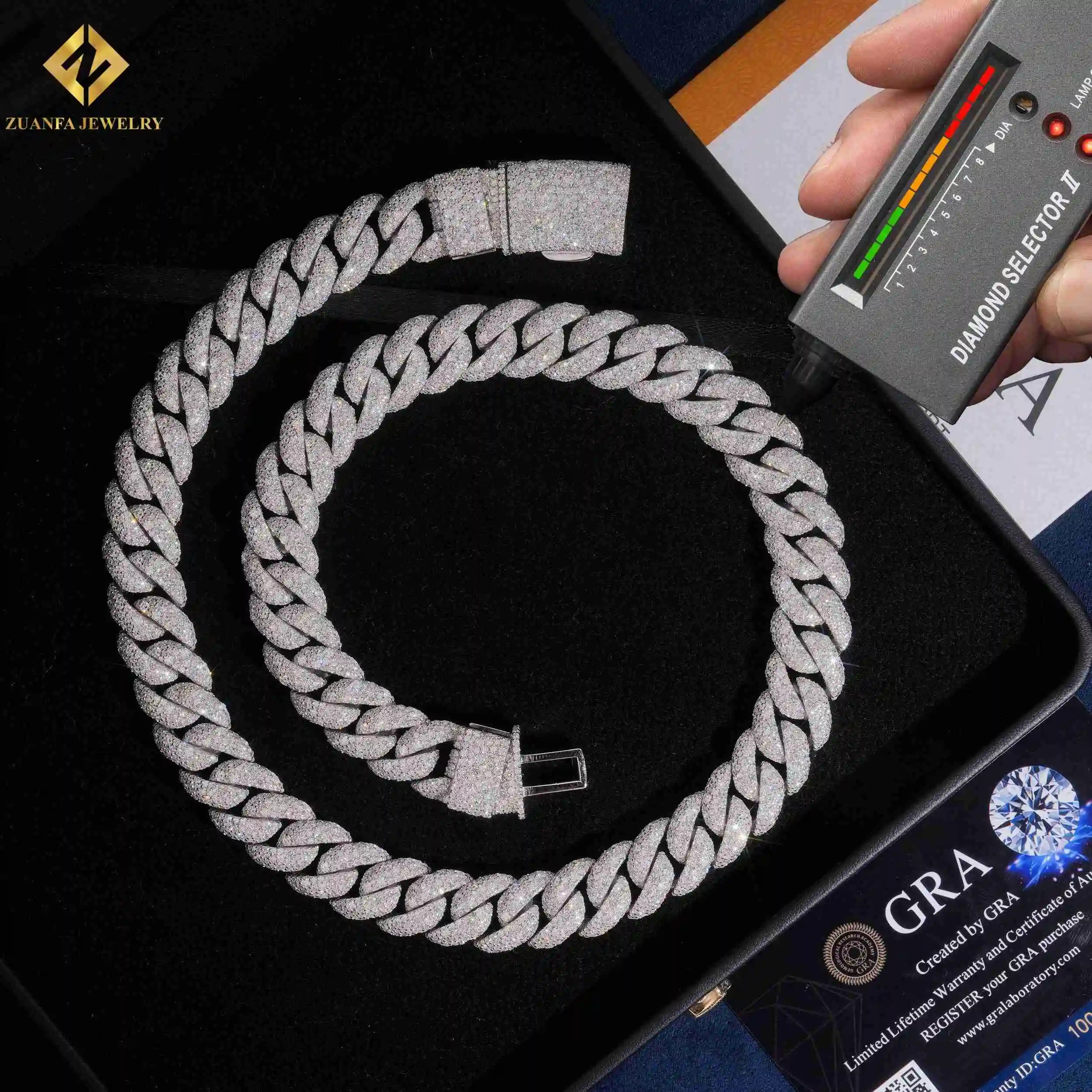 Certified GRA Men's 925 Silver Moissanite 14MM Cuban Link Chain Rhodium Plated Hiphop Necklace Round Brilliant Cut Micro Insert.