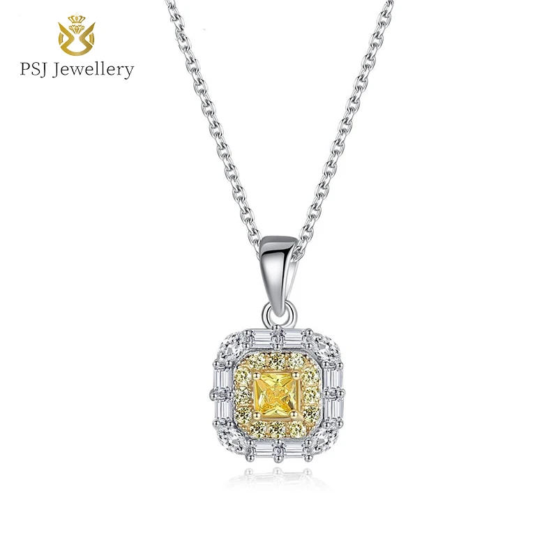 

PSJ Fashion Jewelry High Polished Gold Color Cubic Zirconia Pendant Rhodium Plated S925 Sterling Silver Necklace for Women