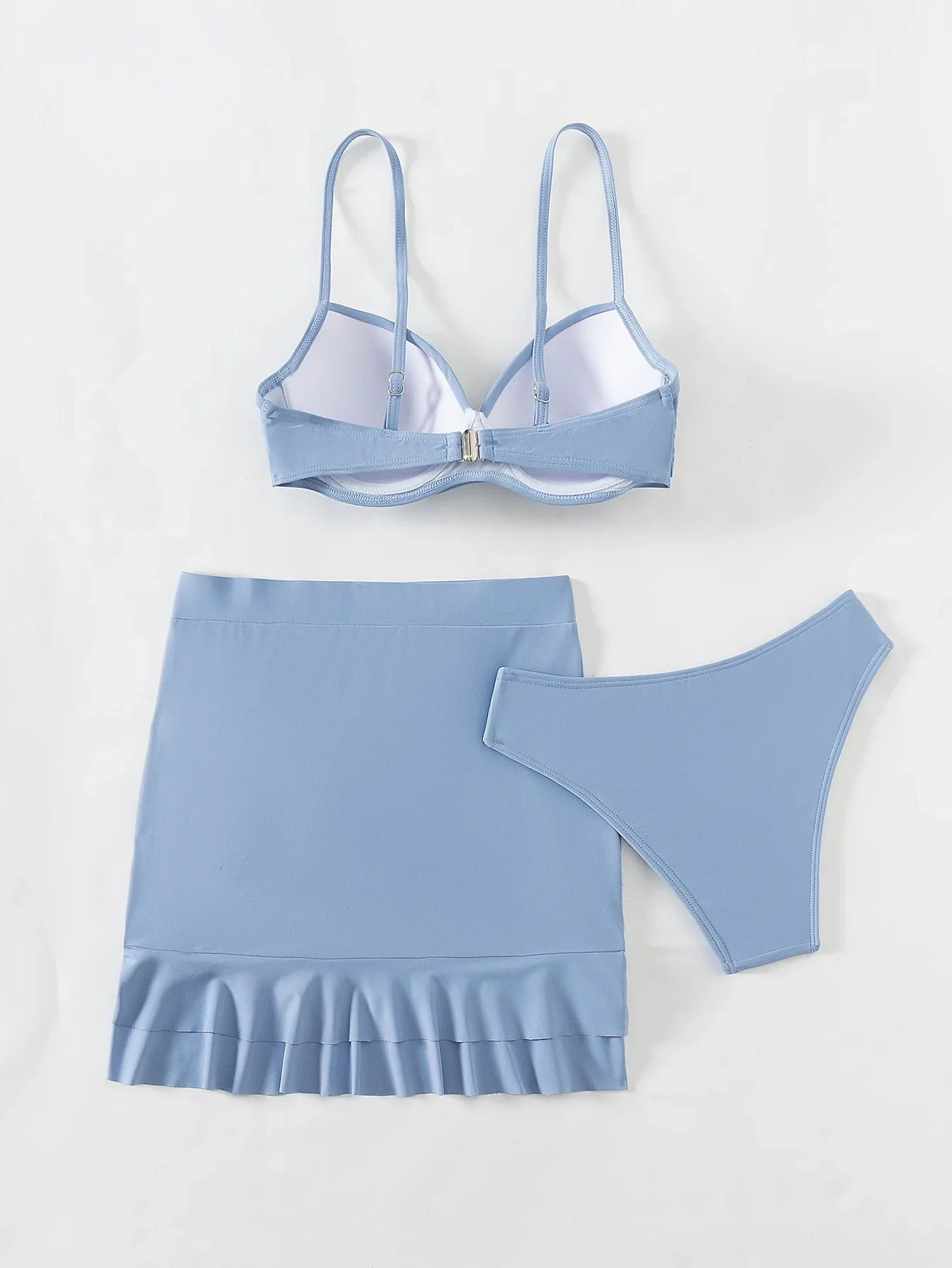 Himmelblauer dreiteiliger Badeanzug für Damen, einfarbig, V-Ausschnitt, Bügel-Bikini-Set, Strandurlaub, Hosenträger, rückenfreie Badebekleidung, 2025