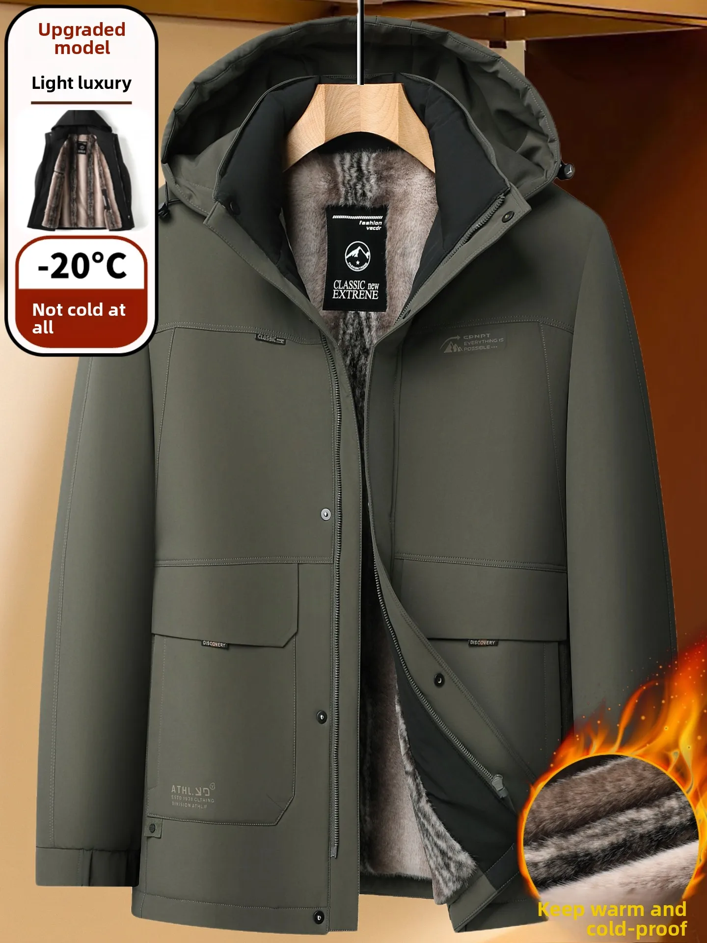 

Men's Hooded Thickened Fleece Lined Cotton Jacket Military Green Mid-Length Warm Cold Proof Outerwear Casual Fashion City Style