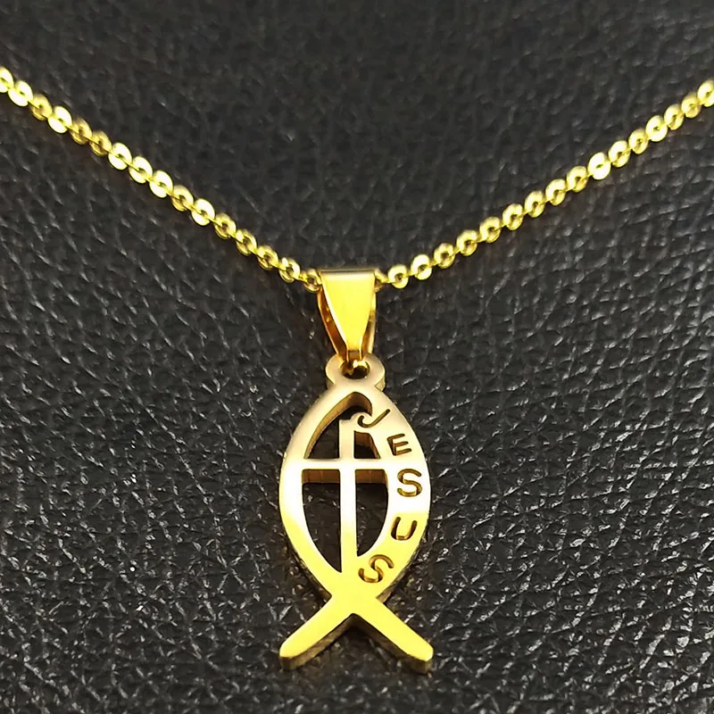 Christian Fish JESUS Cross Stainless Steel Pendant Necklacese for Men Women Gold Color Chain Jewelry collar de pez jesus N1482