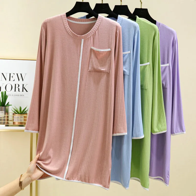 Women's Spring Autumn Nightgowns Loose Long Sleeve Nightshirt Round Neck Modal Ladies Nightdress Sleepwear Dress With Pocket