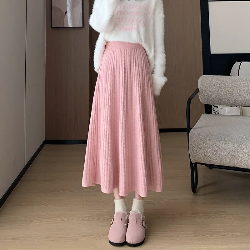 2025 New Autumn Winter Petite A- Line Plissé Skirt Medium-Length French Fairy Knit Skirts Pink Knitted Half-Length Skirt Women's