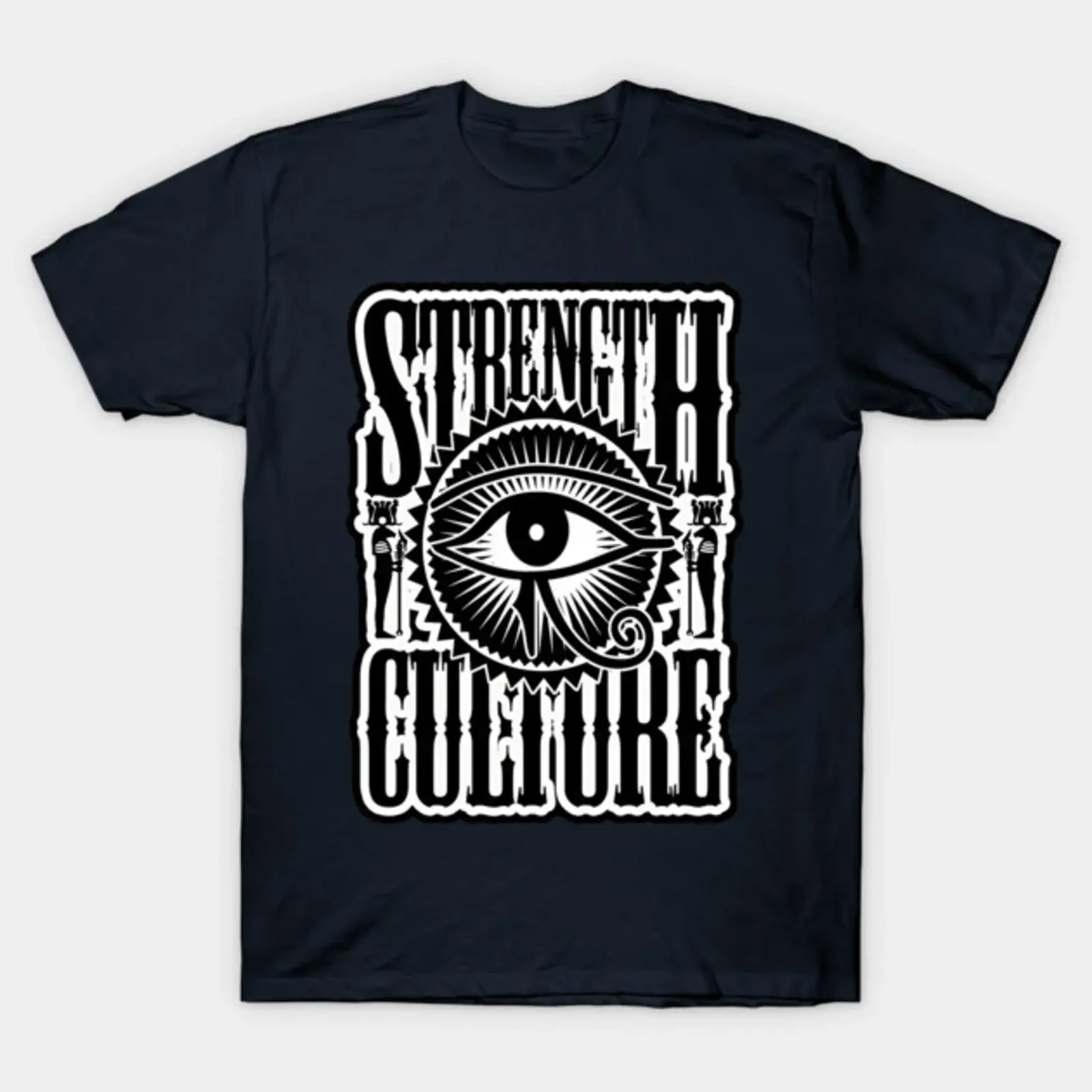 Strength and Culture Black lettering white Eye of Ra Horus T Shirt vintage Washed Stylish Top For Everyday Wear Unisex