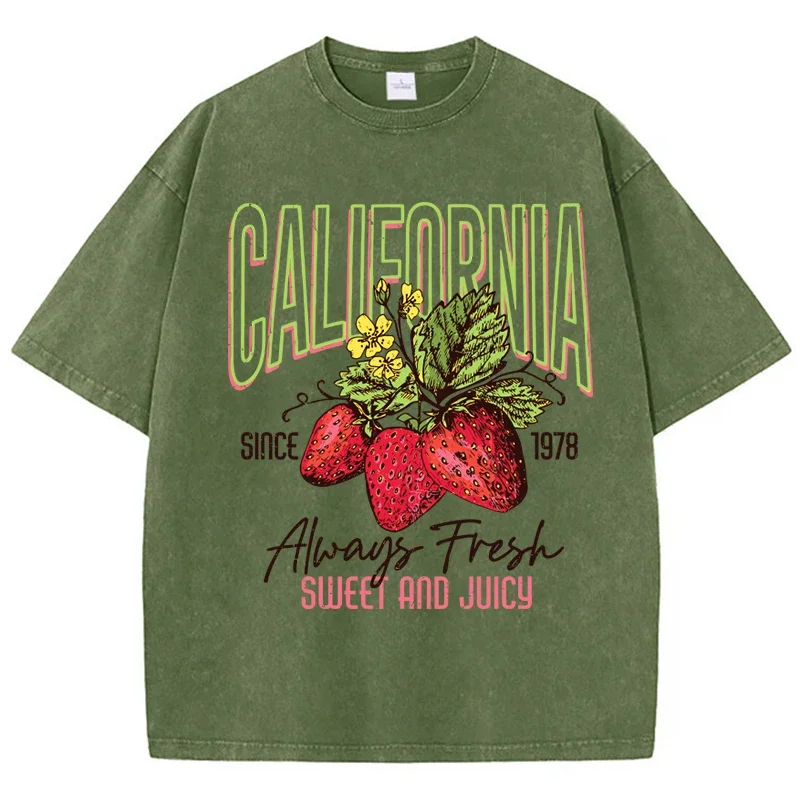 California Strawberry Print Top Summer Women's Cotton Washed T-Shirt Full Math O Neck Distressed Short y2k ins Sleeve Clothes