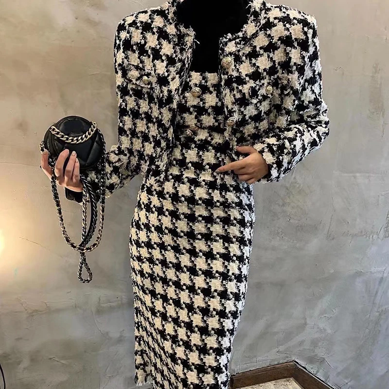 

Chic Retro round Ne Single Button Long Sve Jaet plus Square Collar Waist Cinching Slimming Gingham Vest Skirt Set