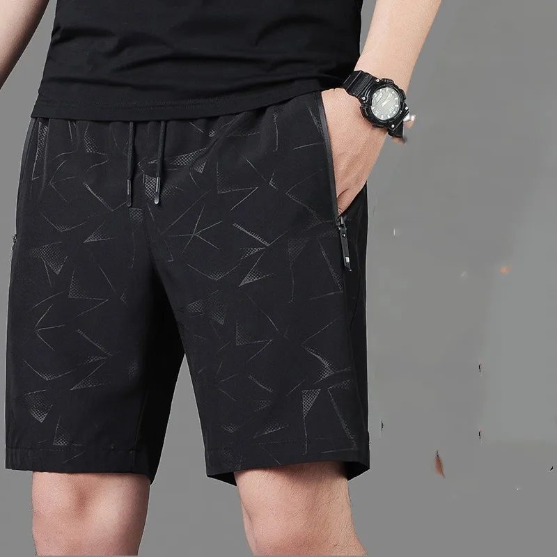 2024 New Summer Brand Printed Pockets Zipper Men\'s Elastic Waist Drawstring Ice Silk Fabric Knee Length Loose Sports Shorts