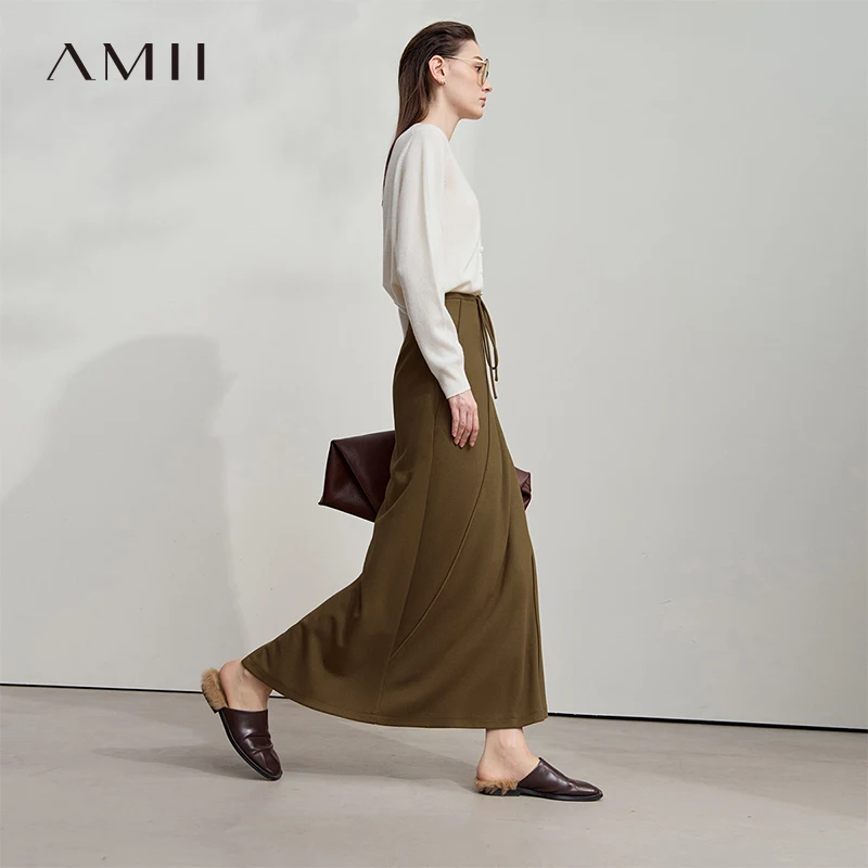 AMII Women Skirts 2026 Autumn Casual Solid Strap Drawstring Slim A-LINE Female Long Skirts Minimalism Woman Clothing 12523084