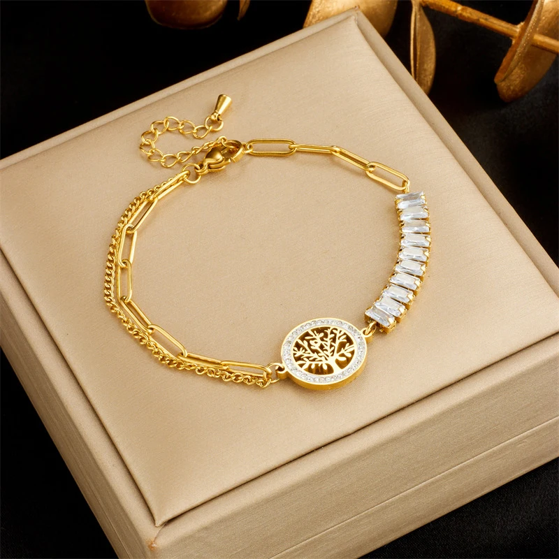 Fashion Niche Light Luxury Retro Irregular Chain Cubic Zirconia Life Tree Round Brand Connected Stainless Steel Bracelet