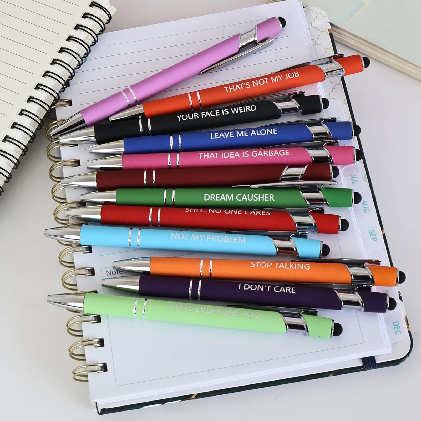 Metal Ballpoint Pens Set Of 12 Black With Inspirational Quotes, Touchscreen Stylus Tip For Phone Tablet, Office Study Adults