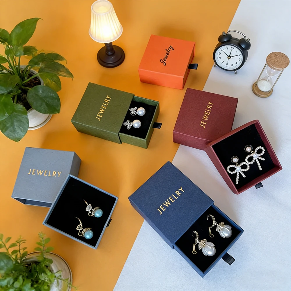 

50pcs 7x9x3cm Personalized Logo Jewelry Drawer Box Rigid Cardboard Sliding Gift Packaging Boxes for Rings Earrings Storage Case
