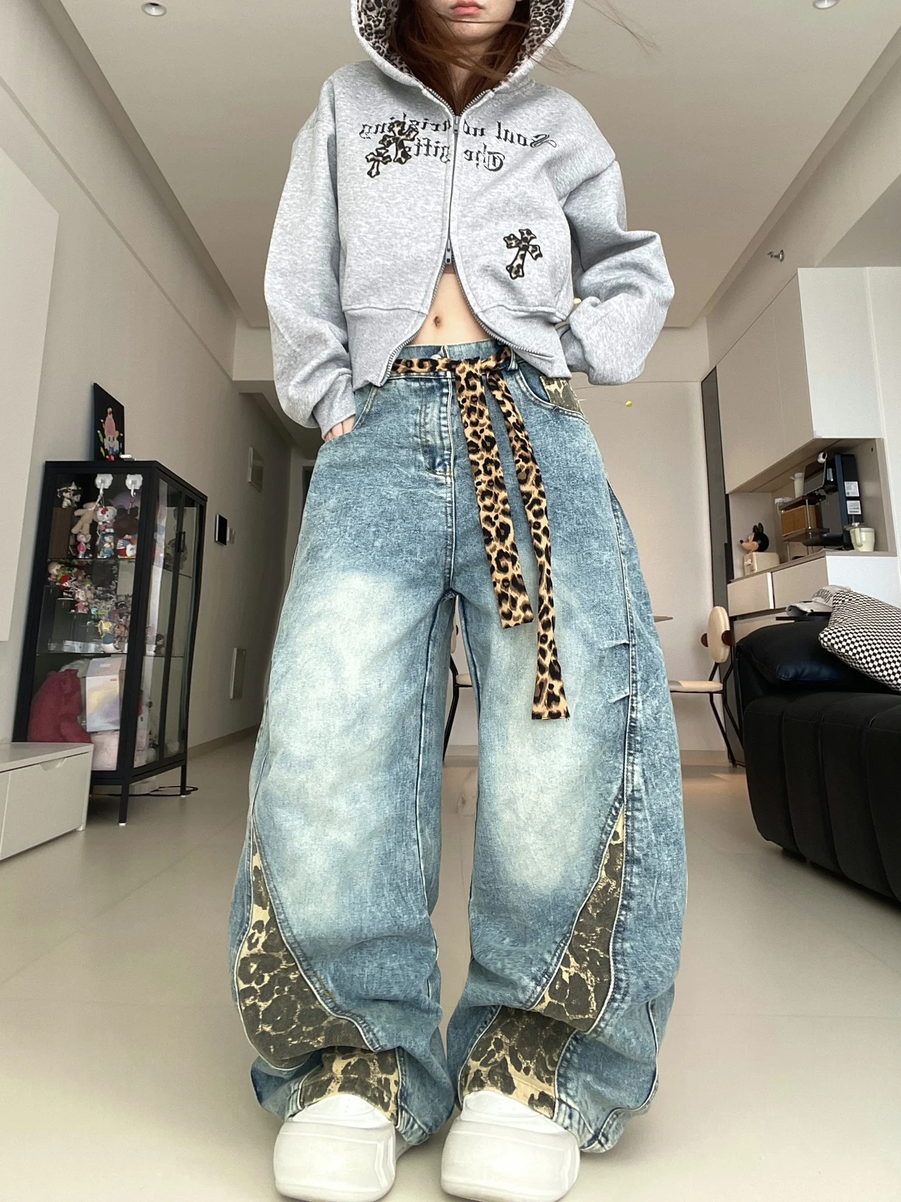 

Women's Loose Fit High Waist Denim Jeans Leopard Print Knife Washed out American Retro Design Sensation Small Audience