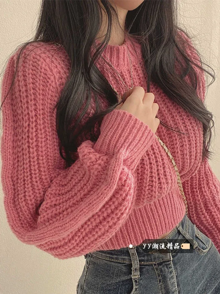 

Sweater High-end Feel Women's Autumn and Winter Thick Short Pullover Round Neck Knitted Sweater Small Bottom Top