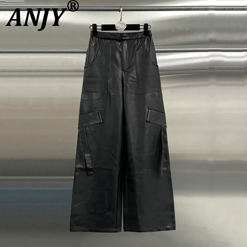 ANJY 2026 Spring Autumn New Women American Heavy-Duty Multi-Pocket Design PU Leather Straight Pants Versatile Safri Style A19121