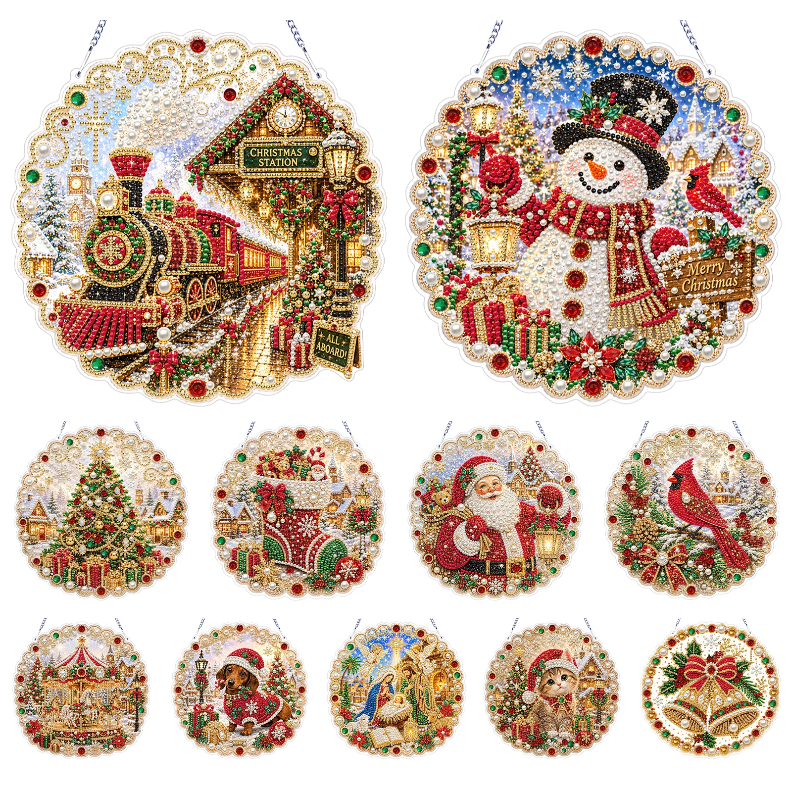DIY Acrylic Pendant Double Sided Diamond Painting Crystal Pearl Rhinestone Christmas Holiday Home Wall Hanging Decor Gift Set