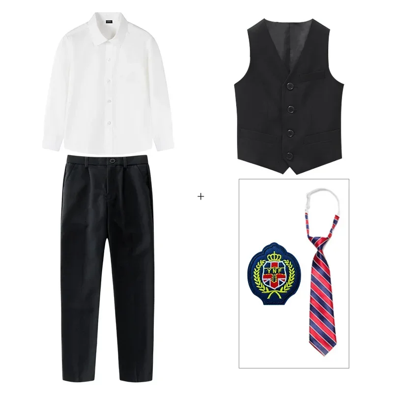 Kid Korean Japanese School Uniform for Boy Girl White Shirt Navy Skirt Pants Waistcoat Vest Tie Clothes Set Student Outfit Suit