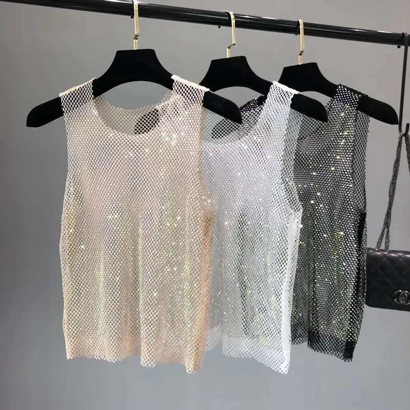 Sommer-Frauen-Kristall-Strasssteine, glänzend, sexy Y2K-Tanktops, 2025, neue Party, Club, sexy, durchsichtiges Mesh, aushöhlen, Diamant-Shirt