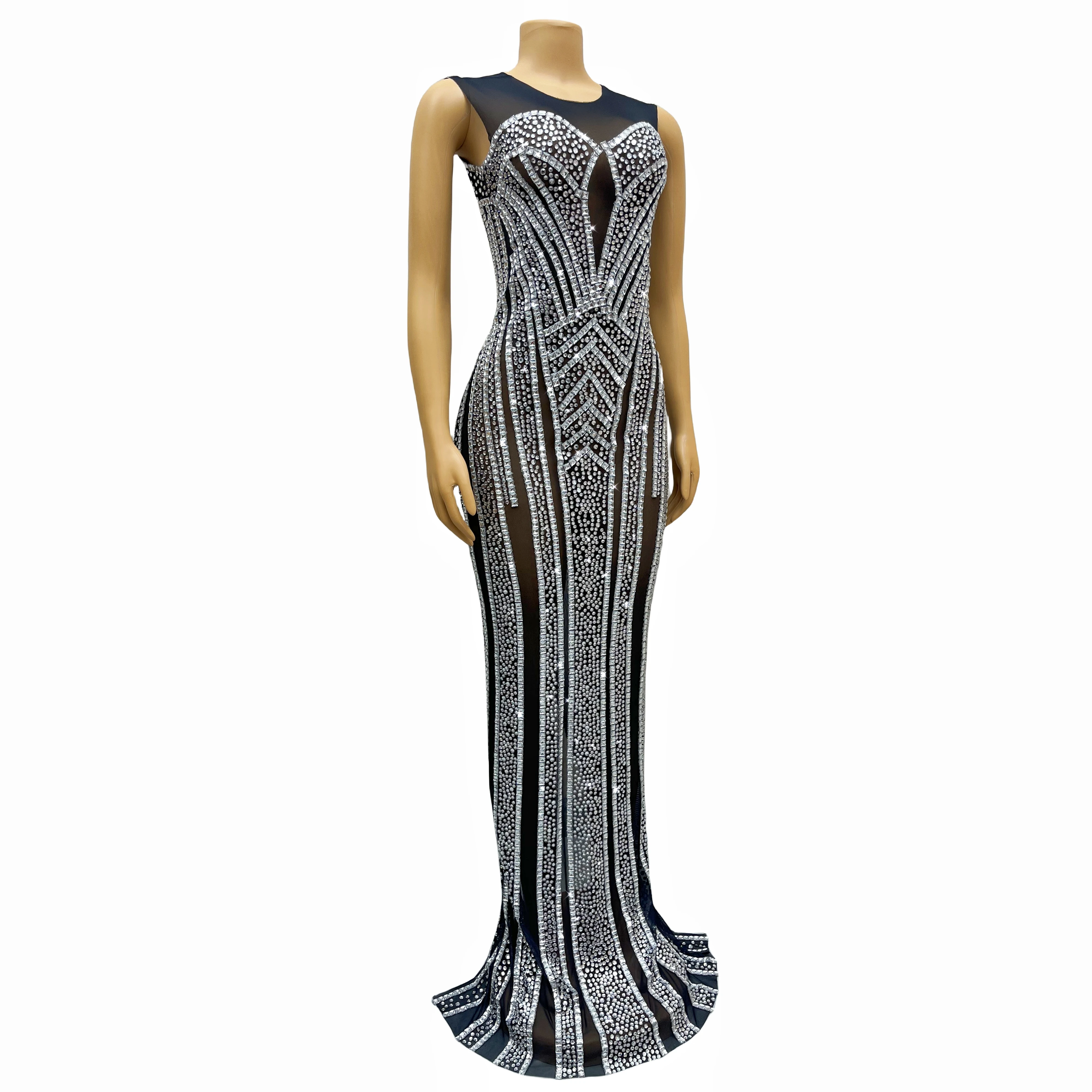 Niche design sensual sexy black silver rhinestone dress birthday celebration cocktail party dance costumes baisexi