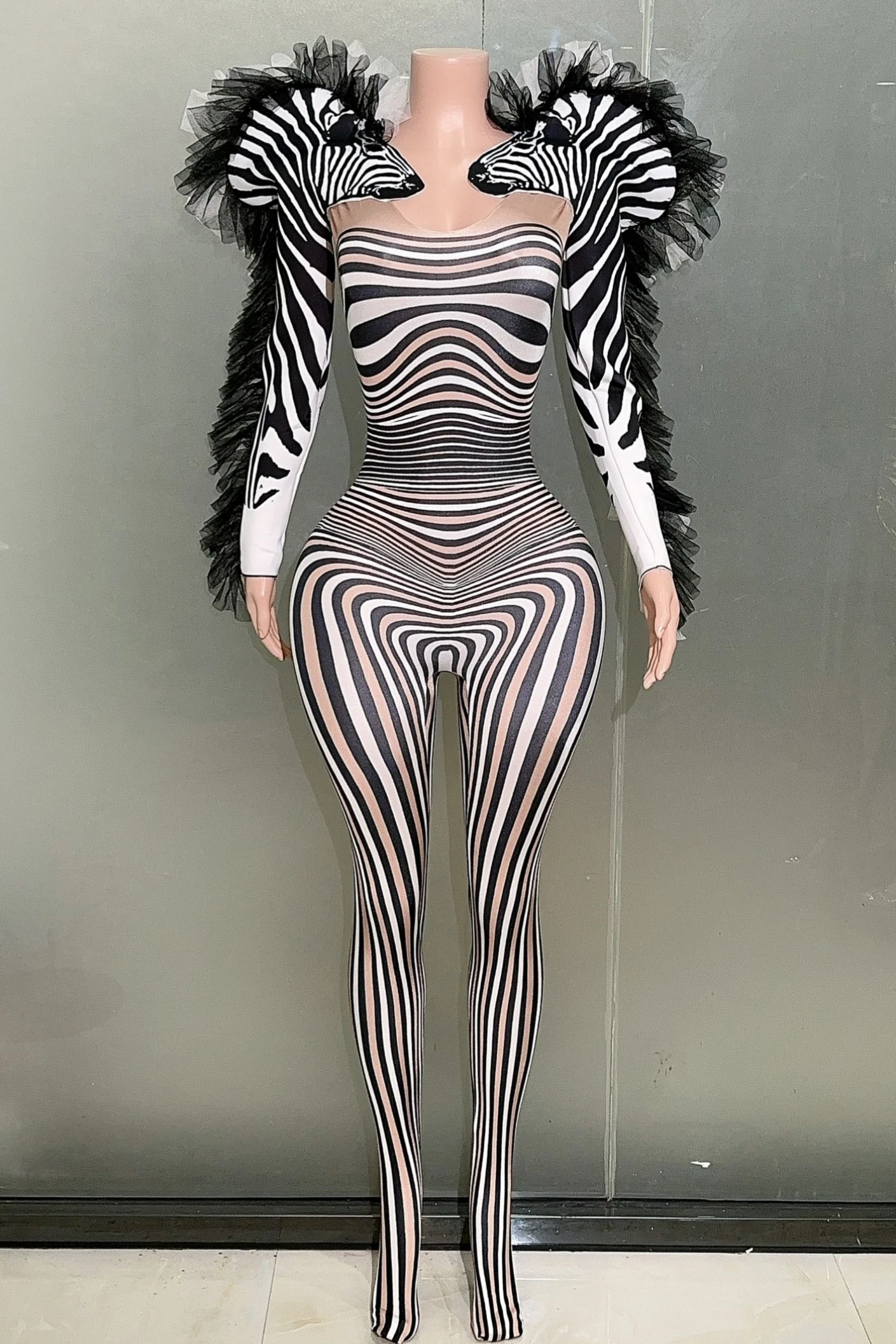 STOCK New Fashion Zebra Pattern Jumpsuit Women Singer Sexy Stage Outfit Bar DS Dance Cosplay Jumpsuit Performance Show Costume