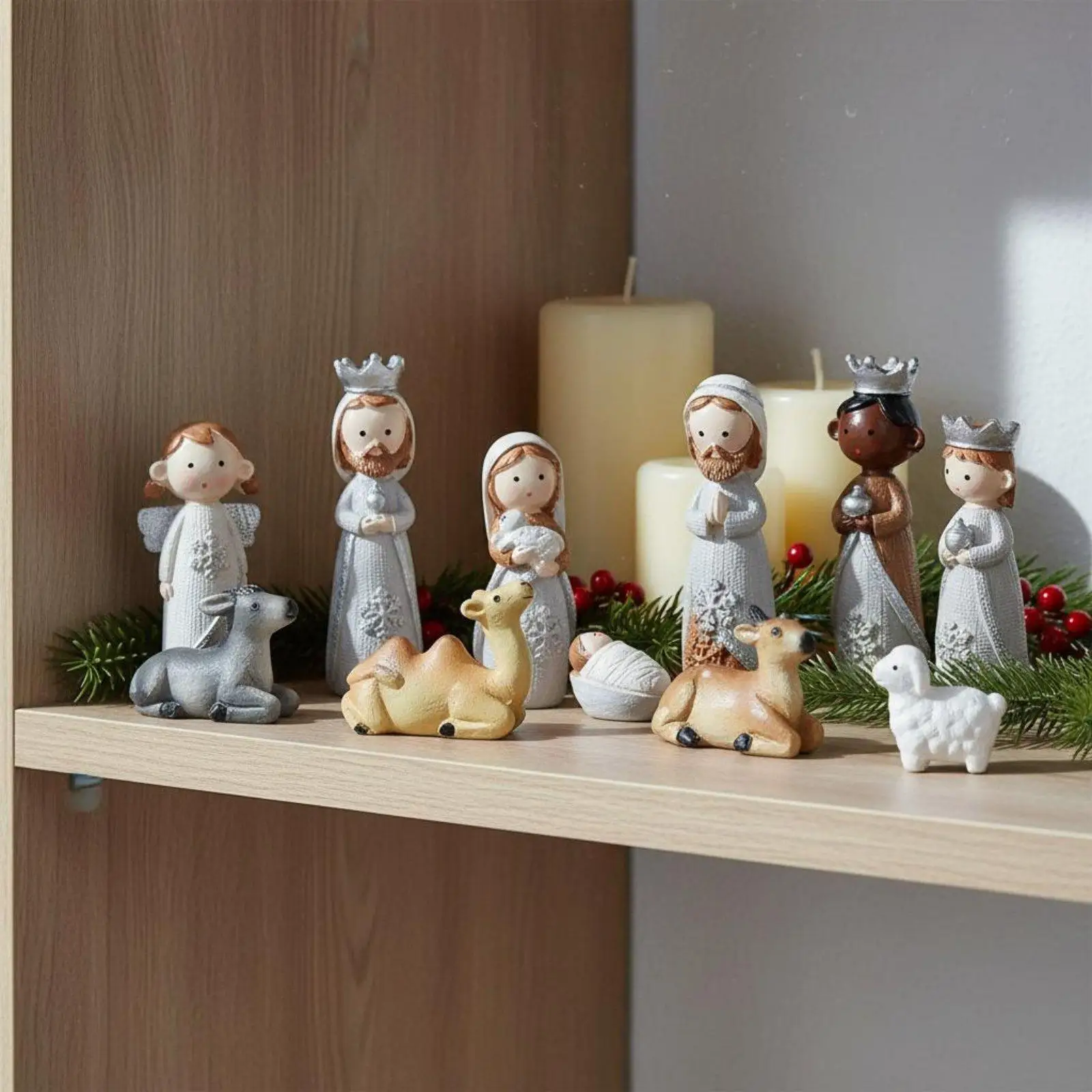 12 Pieces Christmas Manger Scene Figures Hand-Painted Look Nativity Figurines Resin Jesus Birth Ornament for Living Room,