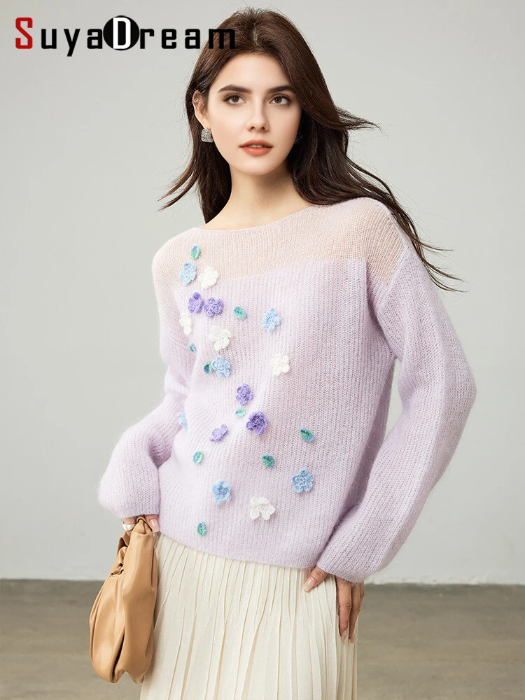 

SuyaDream, женские пуловеры из мохера, вырезанный вырез, аппликации, шикарные свитера, модный топ на осень-зиму 2025, белый, фиолетовый