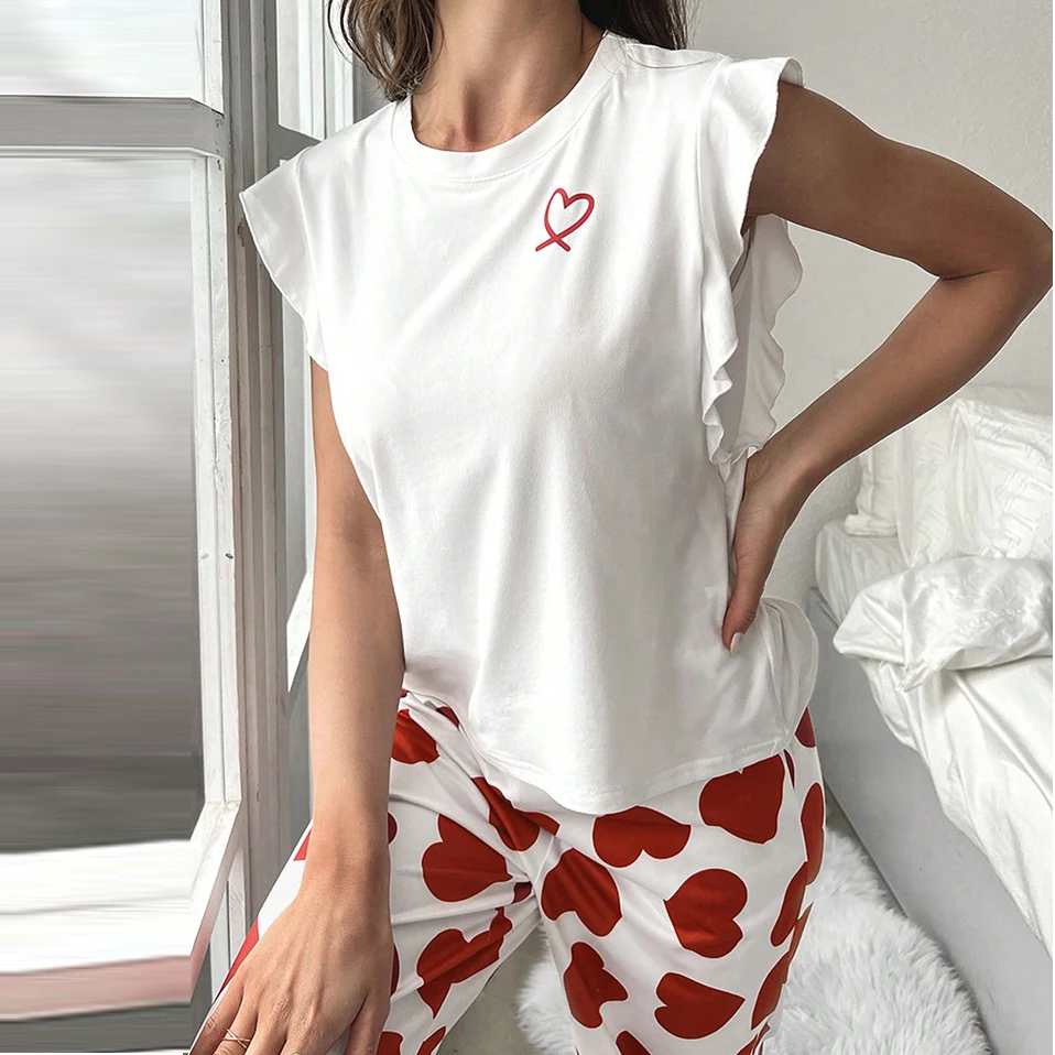 2024 White T-Shirt Women\'s Pajama Set Sexy Fly Sleeve Vest Pants Sleepwear Heart Print Casual Pyjamas Loungewear Spring 2-piece