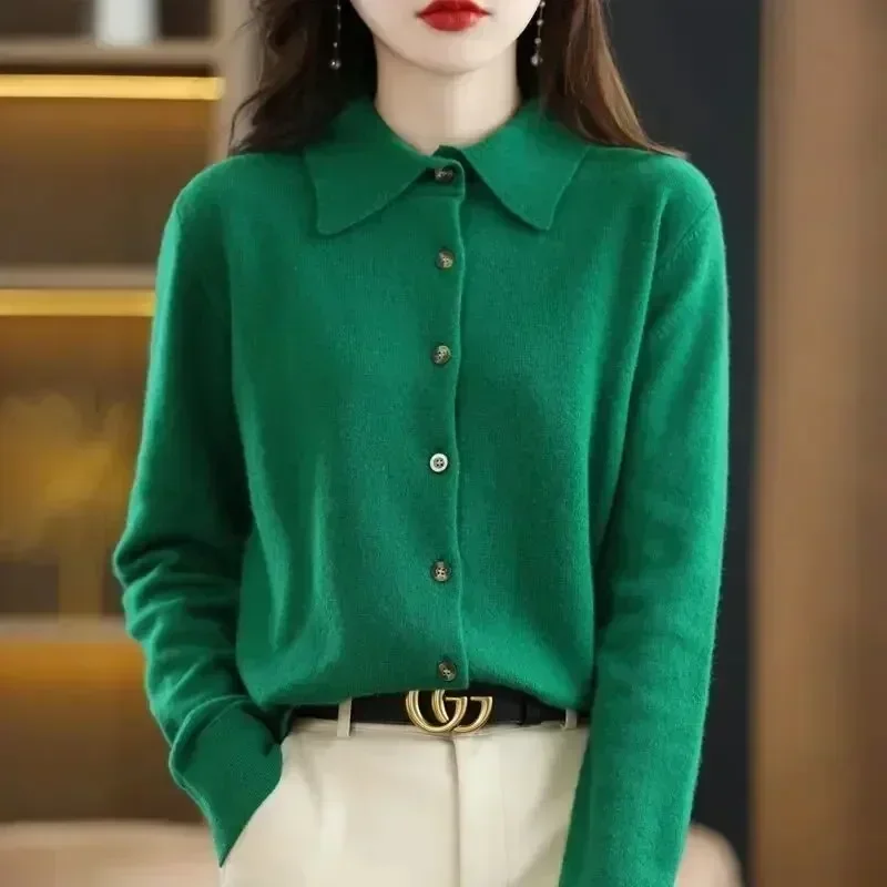 Spring And Autumn POLO Collar Long-Sleeved Sweater Knitted Shirt With Loose Non-Cashmere Cardigan Temperament Lapel Jacket